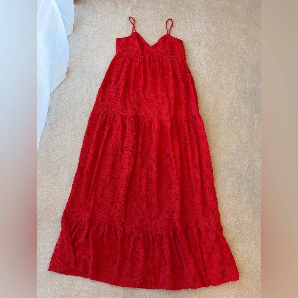 Bebe Vibrant Red Lace Sheer Tank Top Spaghetti Maxi Dress